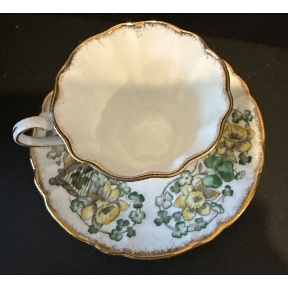 Royal Stafford‎ Tea Cup Saucer Emerald Isle Bone China Gold Trim Floral Harp VTG